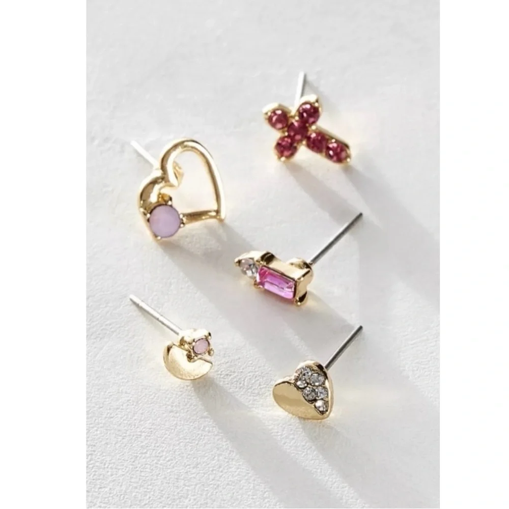 Free People Blush Pink Velvet Rose Brooch 5 Pairs of Stud Earrings Cross Heart